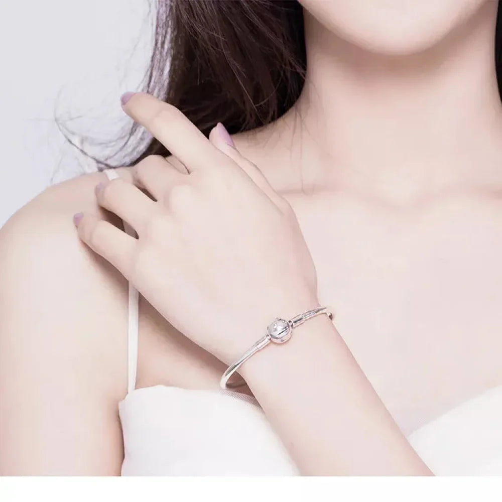 Sterling Silver Snake Chain Bangle Bracelet with CZ Pavé