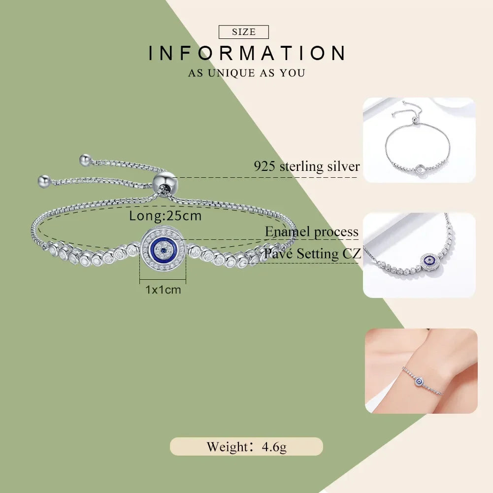 Sterling Silver Evil Eye Tennis Bracelet with CZ – Adjustable