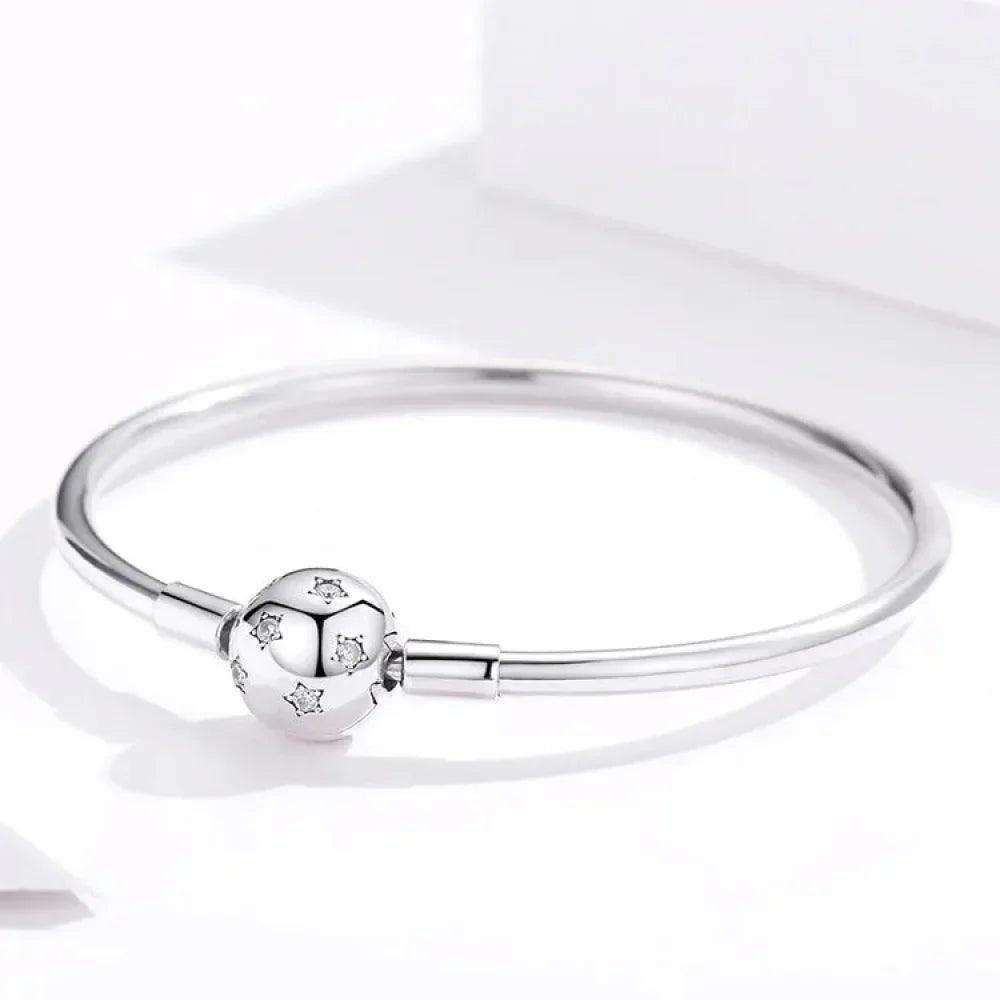 Sterling Silver Snake Chain Bangle Bracelet with CZ Pavé