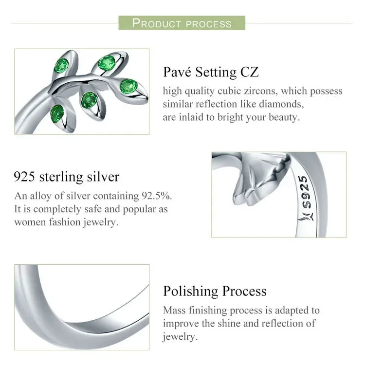 925 Sterling Silver Green Tree & Bird Open Ring
