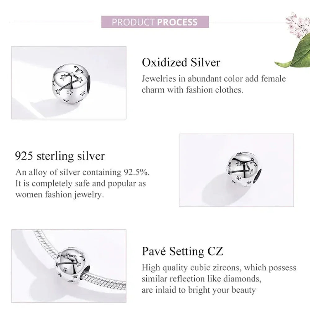 Vintage 925 Sterling Silver Twelve Constellations Star Sign Zodiac Beads Charms For Diy Bracelet Necklace