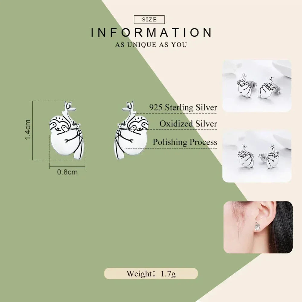 Adorable Sloth Stud Earrings In Sterling Silver - Cute Animal Jewelry