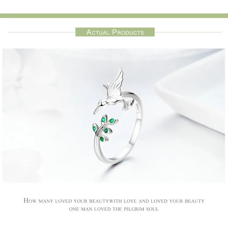 925 Sterling Silver Green Tree & Bird Open Ring