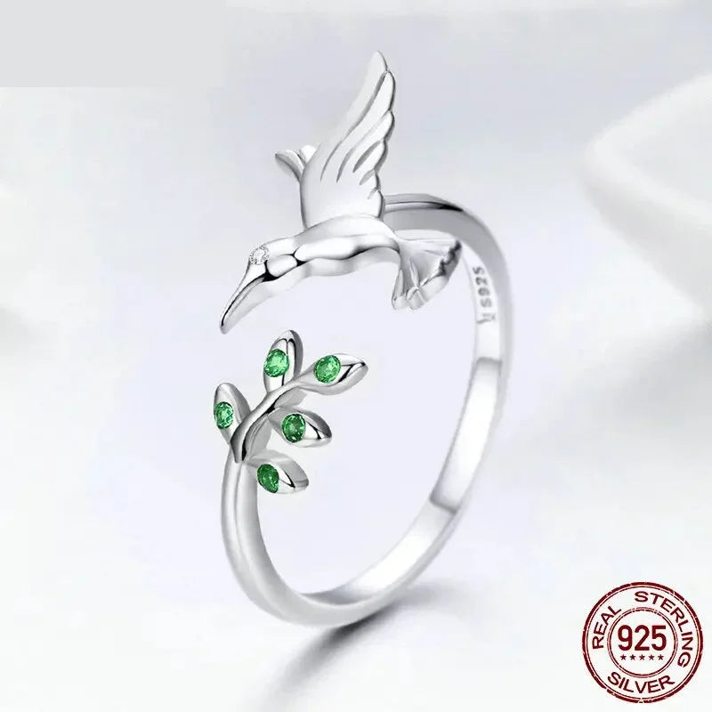 925 Sterling Silver Green Tree & Bird Open Ring