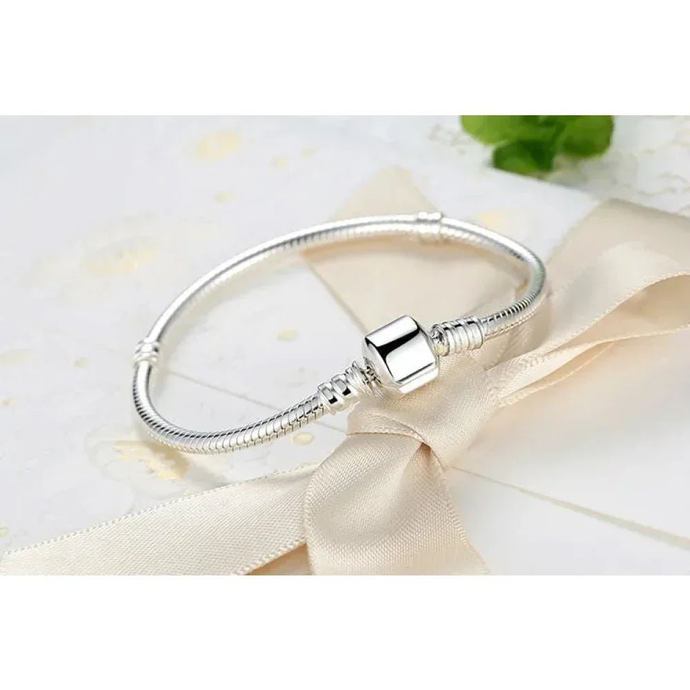 Sterling Silver Snake Chain Charm Bangle – 3mm Barrel Clasp