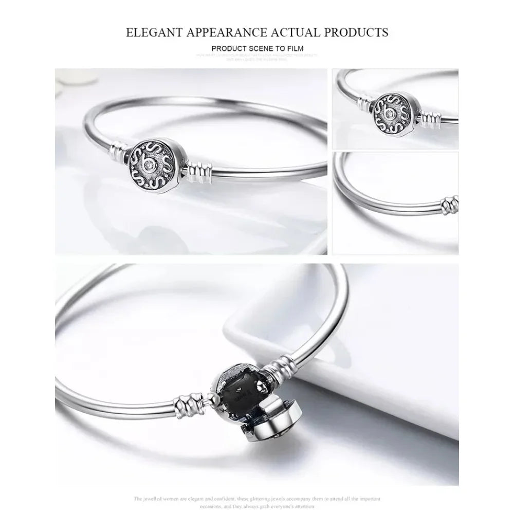 Sterling Silver Snake Chain Bangle Bracelet with CZ Pavé