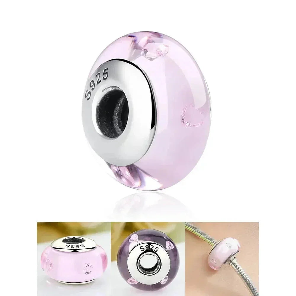 925 Sterling Silver Pink Flower Murano Glass Beads - Diy Bracelet Charms For A Festive Touch (Scz001)