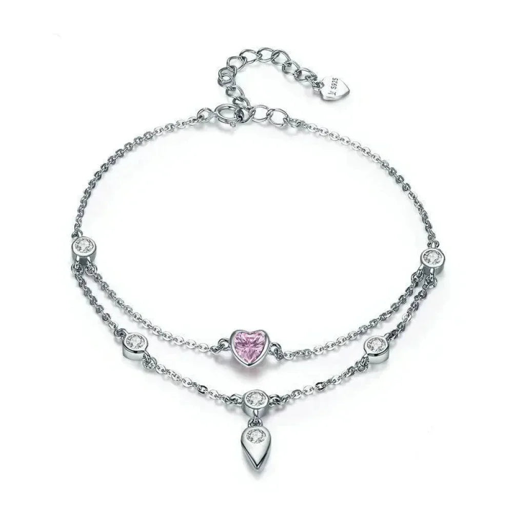Sterling Silver Double Layer Bracelet with Pink CZ Hearts