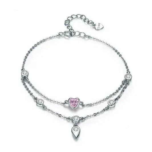 Sterling Silver Double Layer Bracelet with Pink CZ Hearts