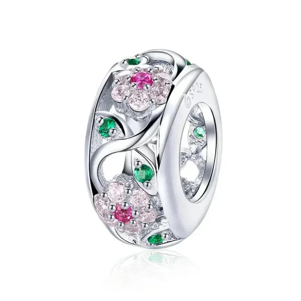 925 Sterling Silver Colorful Birds Flowers Leaves Cz Pendant - Jewelry Charm For Bracelets And Necklaces