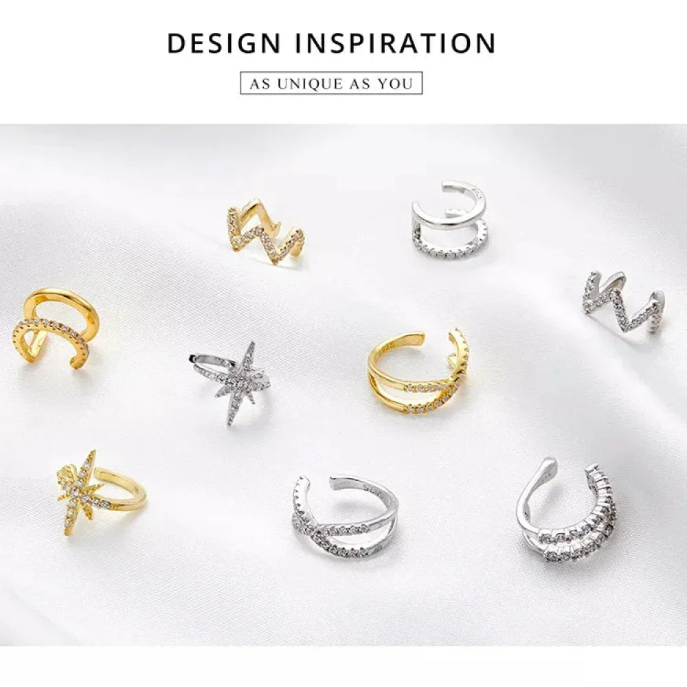925 Sterling Silver Ear Cuff - Elegant Gold Color Clip Earrings For Women