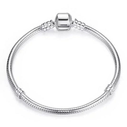 Sterling Silver Snake Chain Charm Bangle – 3mm Barrel Clasp