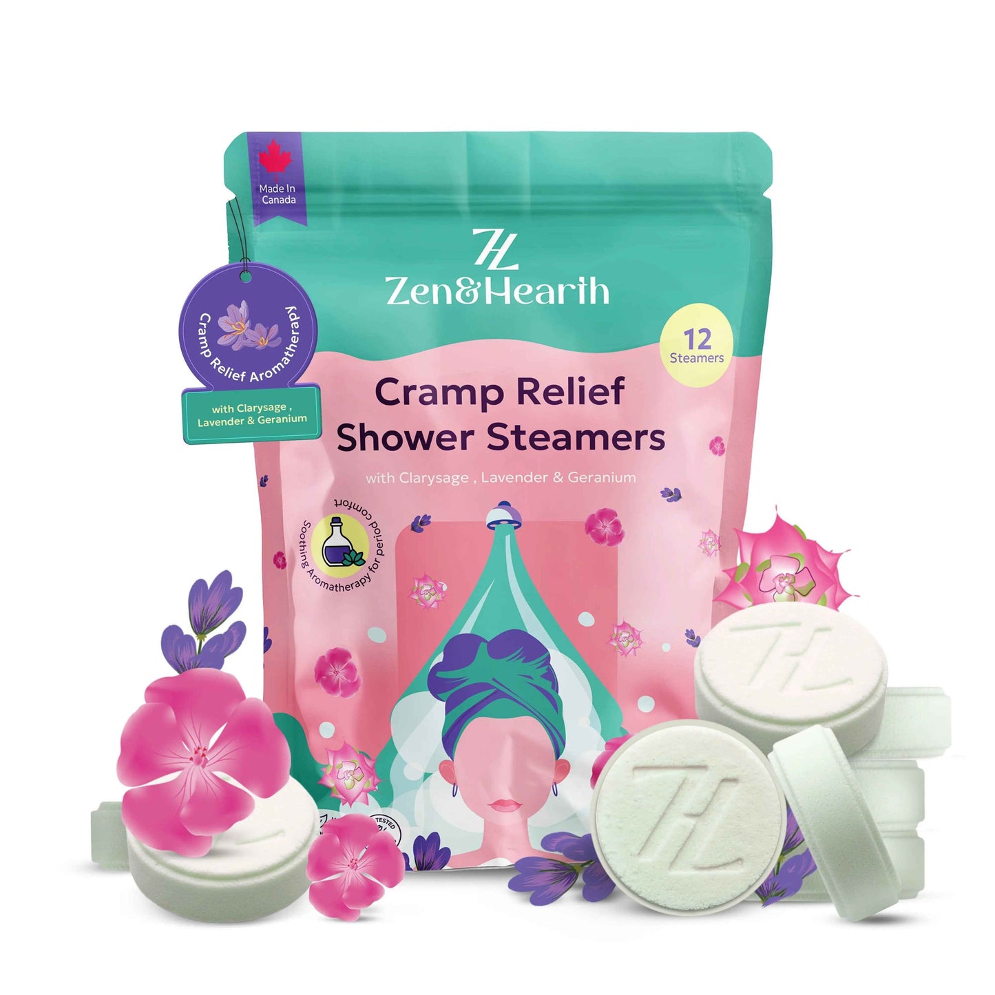 Zen & Hearth Cycle Comfort Shower Steamers – Aromatherapy Self-Care with Clary Sage, Lavender & Geranium for Calming Cycle Day Rituals – Made in Canada