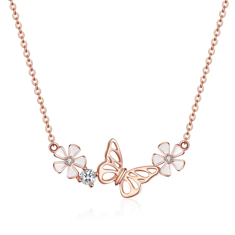 Delicate Beauty: Korean Style 925 Sterling Silver Butterfly and Flower Choker Necklace
