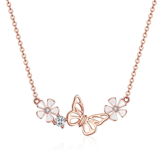 Delicate Beauty: Korean Style 925 Sterling Silver Butterfly and Flower Choker Necklace