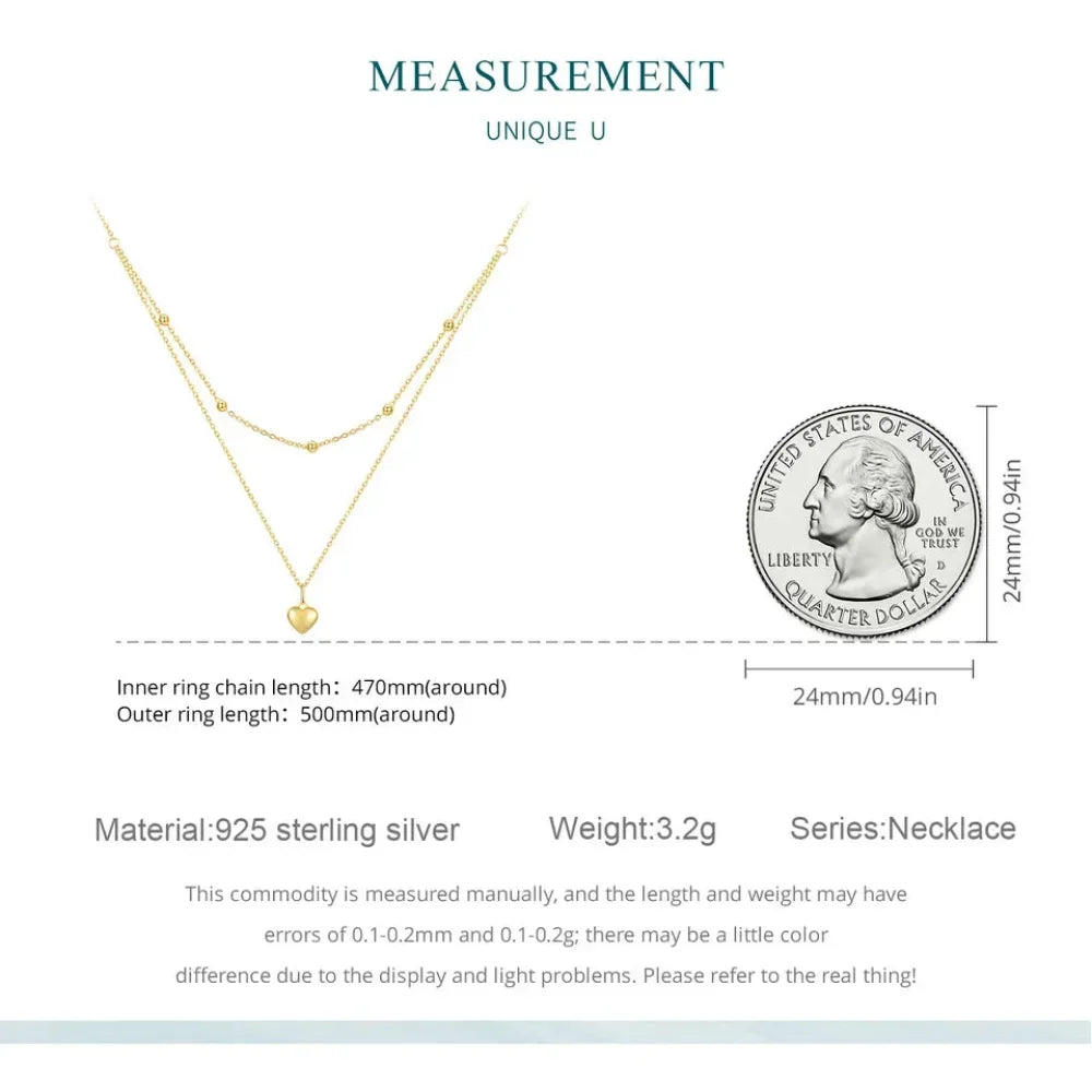 925 Sterling Silver Double Layer Heart Pendant Choker Necklace