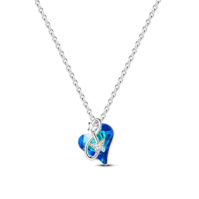 925 Sterling Silver Blue Crystal Heart Butterfly Necklace | CZ Pendant Chain