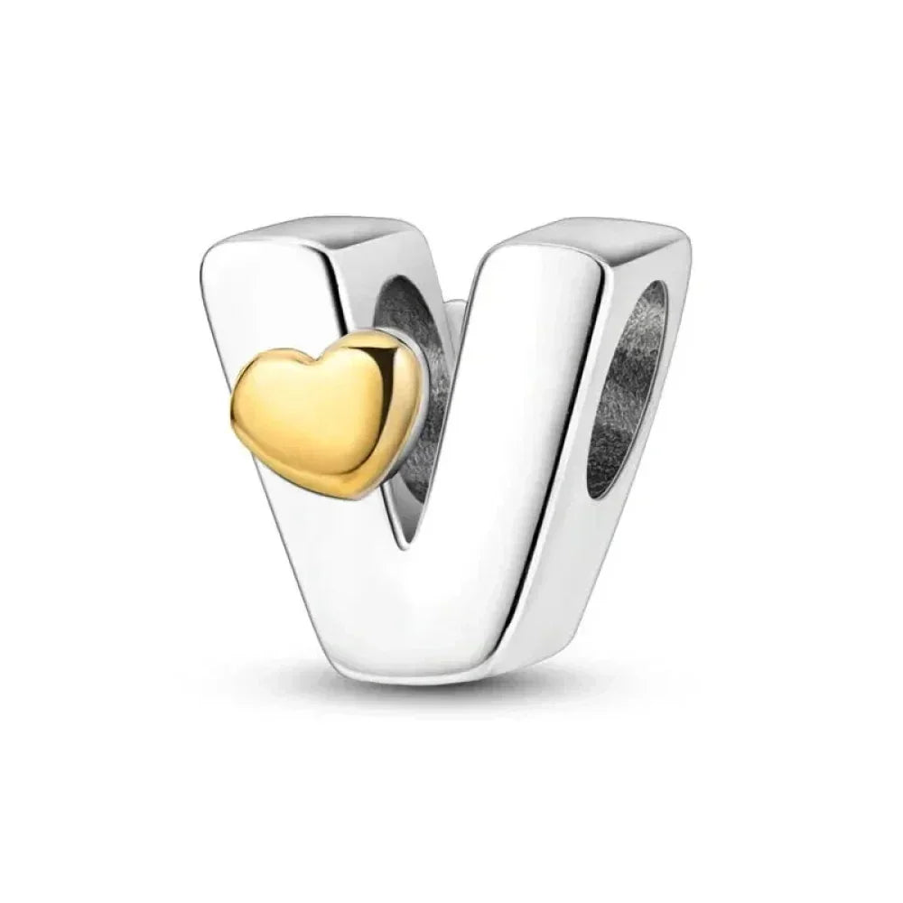 925 Sterling Silver Initial Charm with Gold Heart