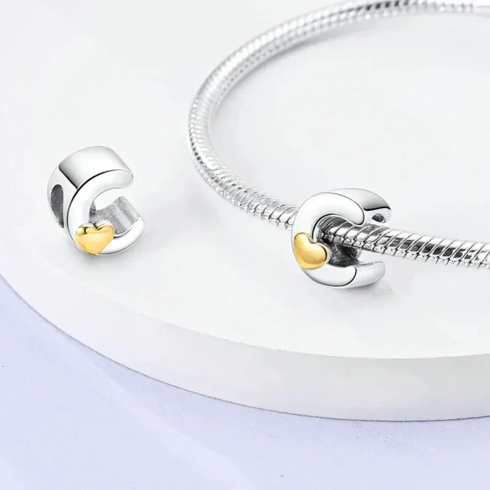 925 Sterling Silver Initial Charm with Gold Heart