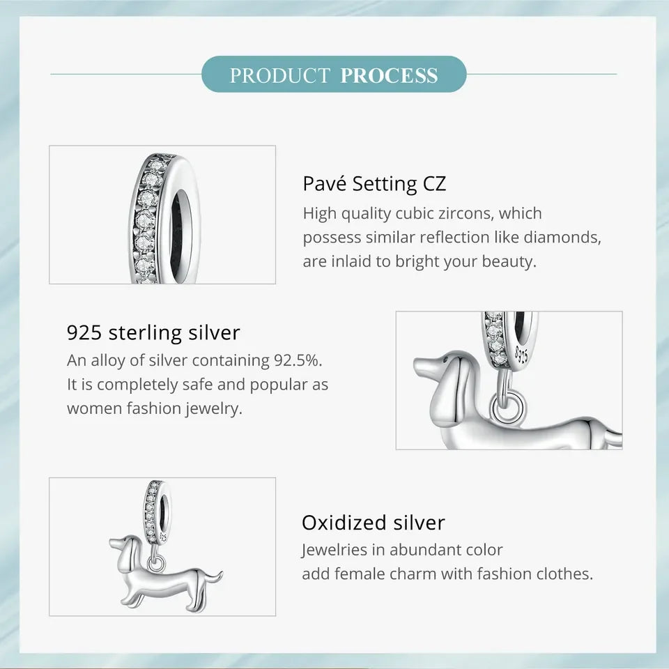 Genuine 925 Sterling Silver Pet Dog Charm For Bracelet - Poodle Dachshund Pendant