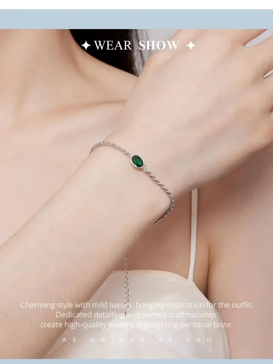 Sterling Silver Chopin Bracelet with Green Zircon – Adjustable
