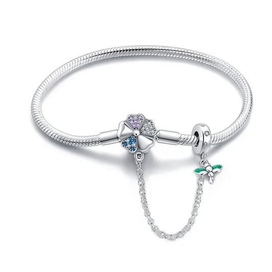 Sterling Silver Clover & Dragonfly Charm Bracelet with Safety Chain