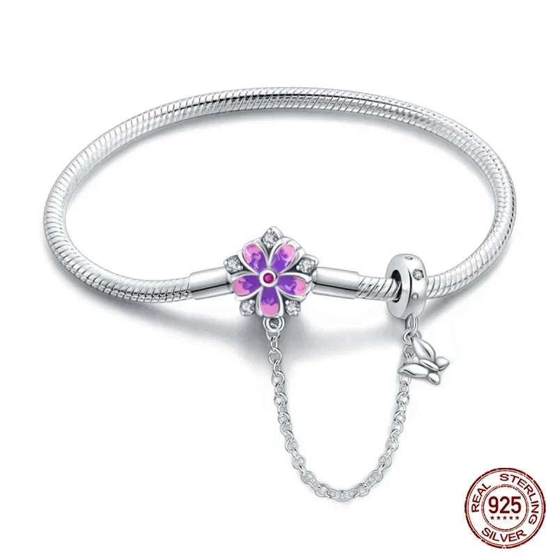 Sterling Silver Floral Charm Bracelet with Safety Chain