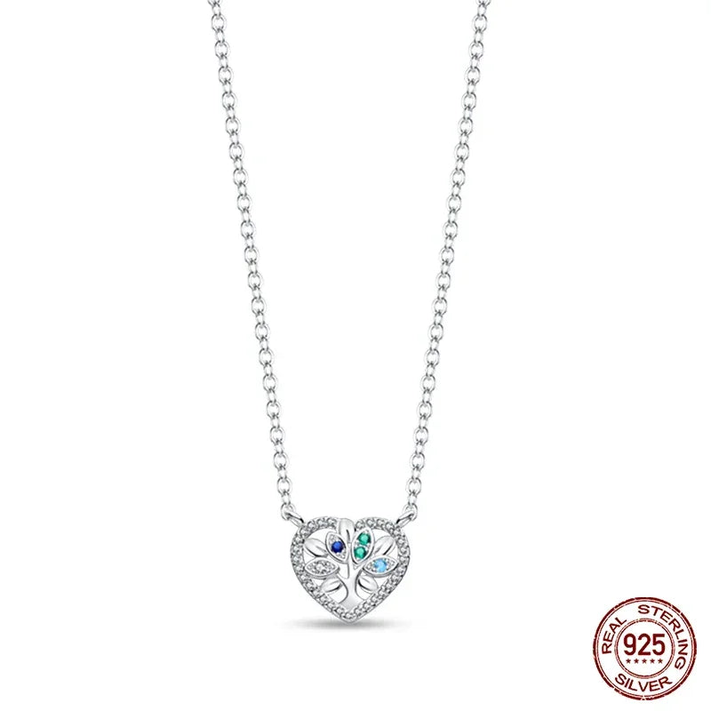 Family Tree Sterling Silver Pendant Necklace With Blue Gemstones