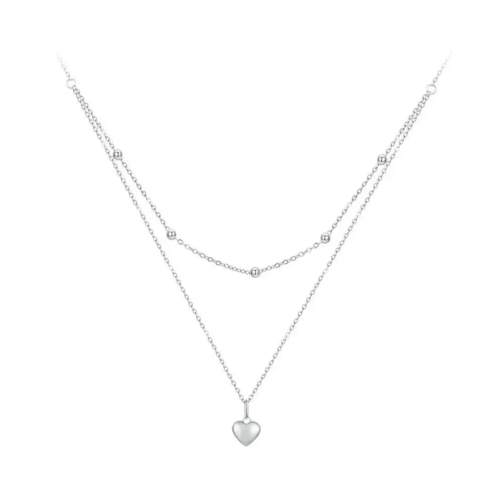 925 Sterling Silver Double Layer Heart Pendant Choker Necklace