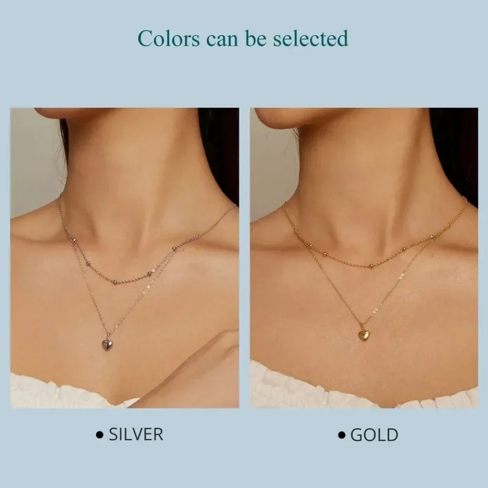 925 Sterling Silver Double Layer Heart Pendant Choker Necklace