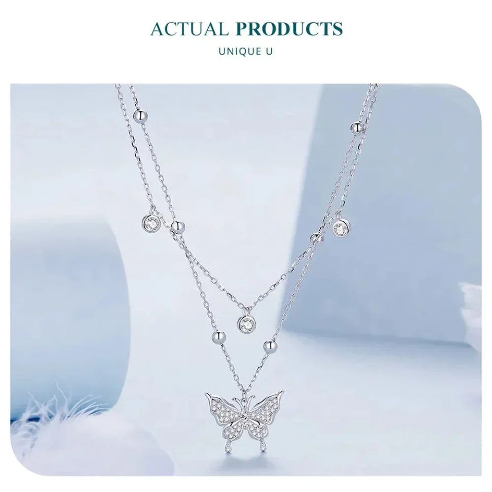 925 Sterling Silver Double-layer Tassel Butterfly Pendant Necklace for Women - Elegant Fine jewelry