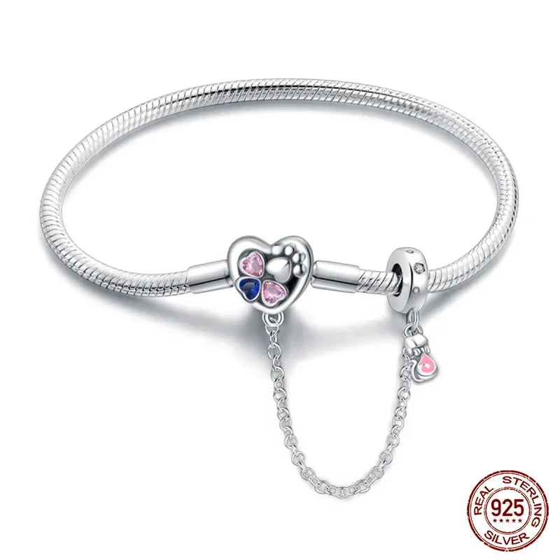 Sterling Silver Heart Paw Print Charm Bracelet with Safety Chain