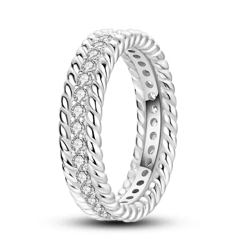 925 Sterling Silver Rope Edge Crystal Band Ring