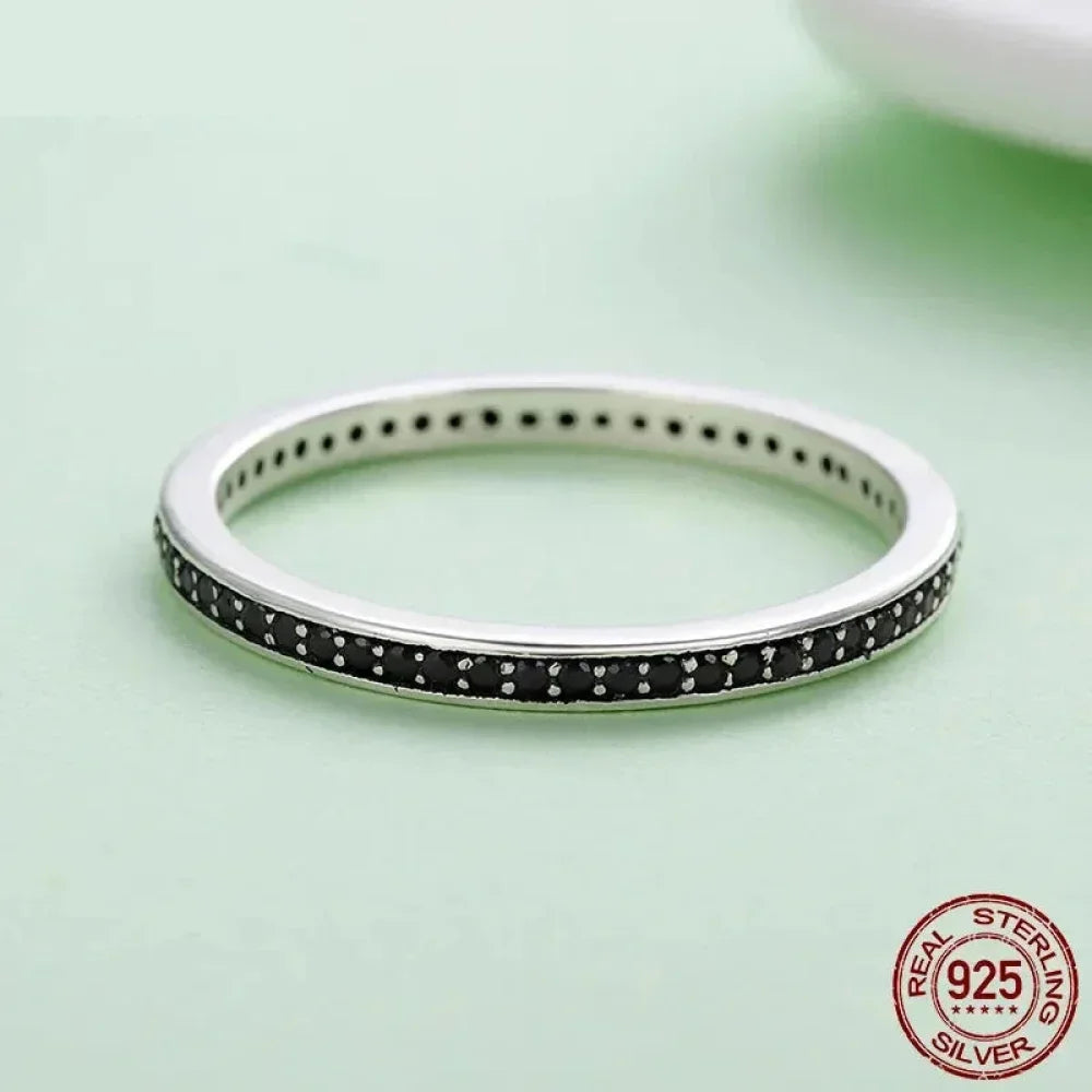 925 Sterling Silver Black & Clear Double Circle CZ Ring