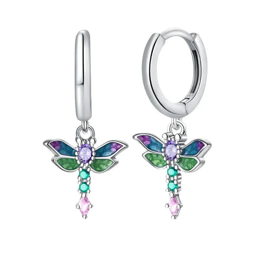 Vibrant Dragonfly Sterling Silver Hoop Earrings