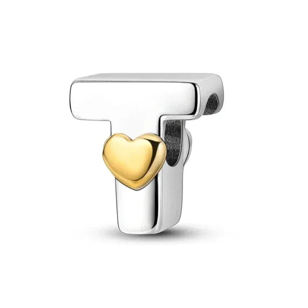 925 Sterling Silver Initial Charm with Gold Heart