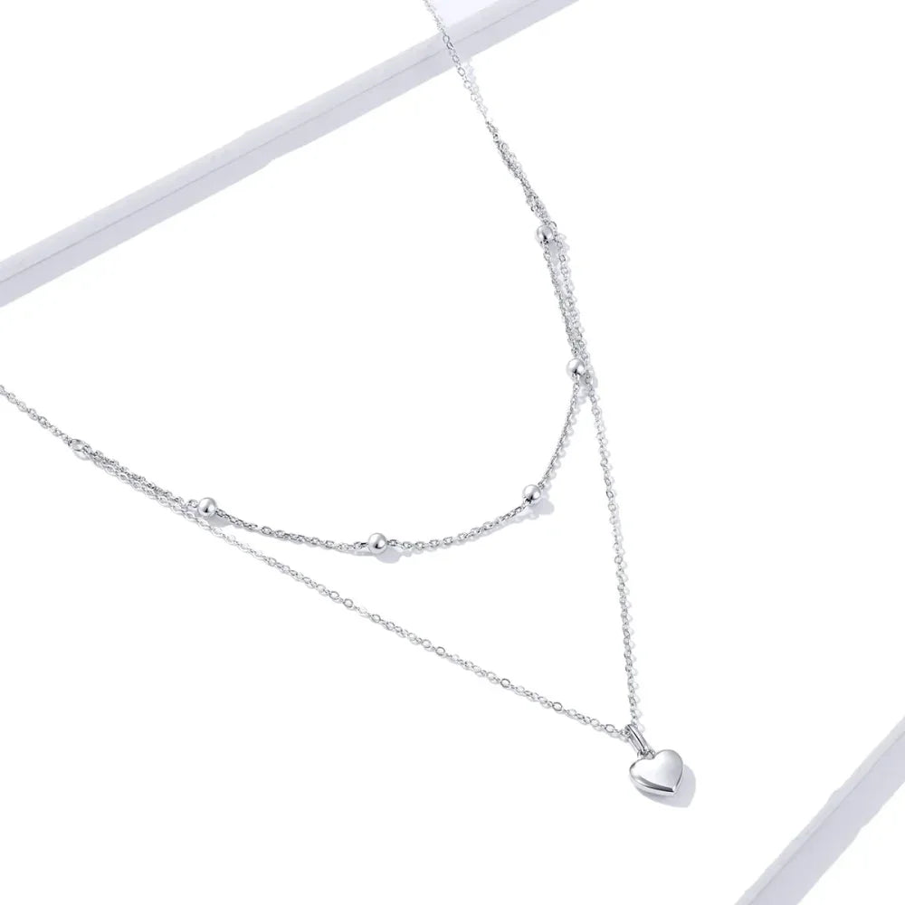 925 Sterling Silver Double Layer Heart Pendant Choker Necklace