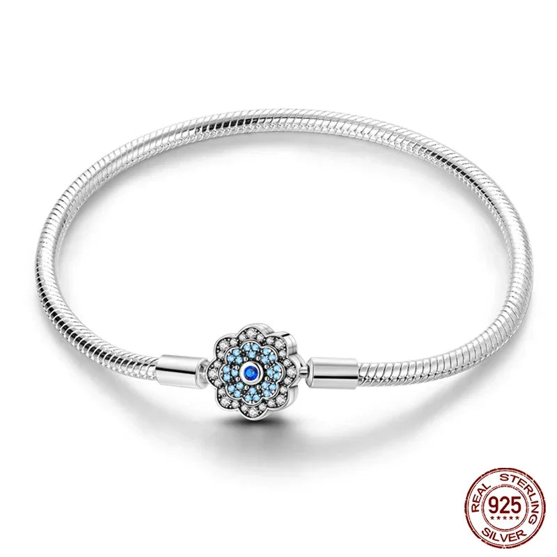 Sterling Silver Blue Flower Clasp Bracelet with Dream Engraving