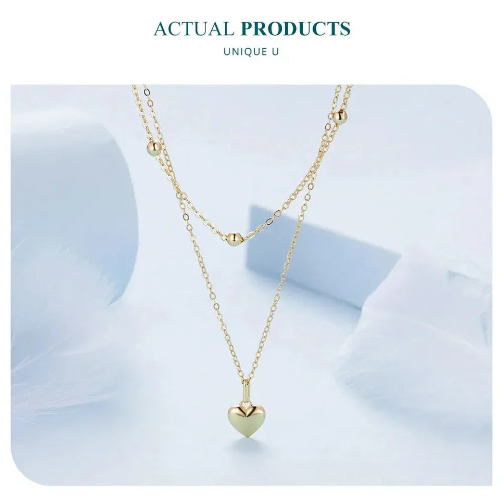 925 Sterling Silver Double Layer Heart Pendant Choker Necklace
