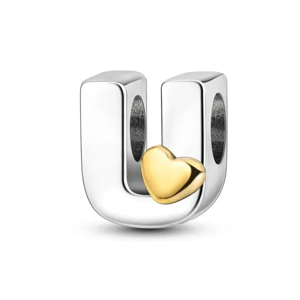 925 Sterling Silver Initial Charm with Gold Heart