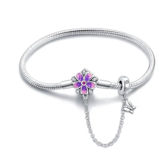 Sterling Silver Floral Charm Bracelet with Safety Chain
