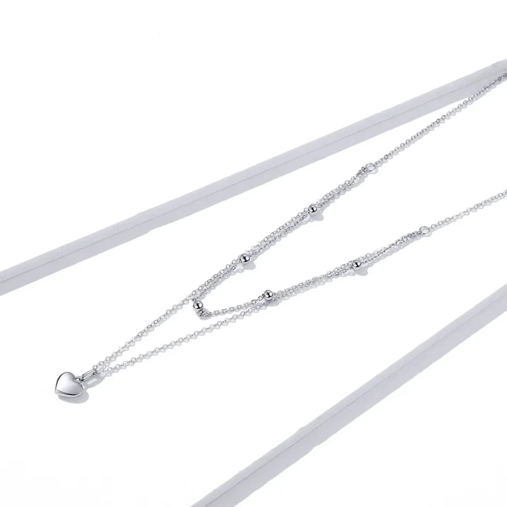 925 Sterling Silver Double Layer Heart Pendant Choker Necklace