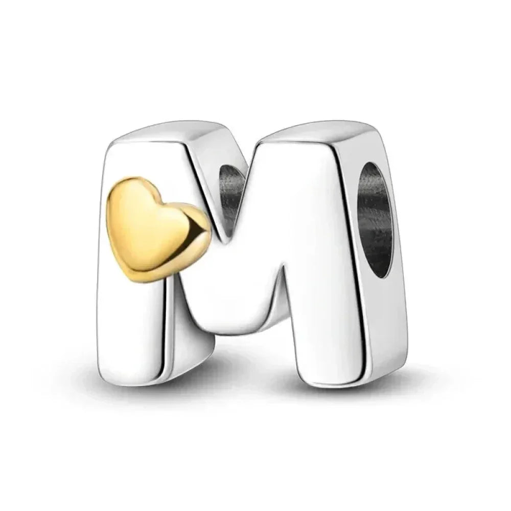 925 Sterling Silver Initial Charm with Gold Heart