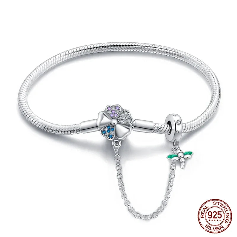 Sterling Silver Clover & Dragonfly Charm Bracelet with Safety Chain