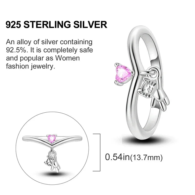 925 Sterling Silver Pink Cat Heart Charm Ring
