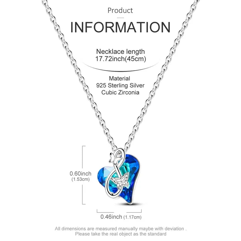 925 Sterling Silver Blue Crystal Heart Butterfly Necklace | CZ Pendant Chain