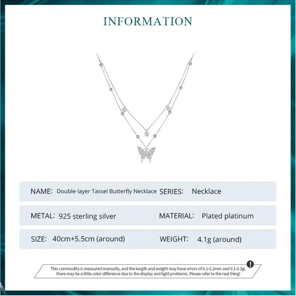 925 Sterling Silver Double-layer Tassel Butterfly Pendant Necklace for Women - Elegant Fine jewelry