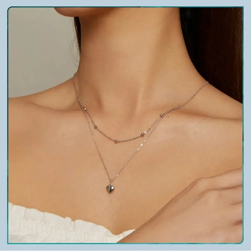 925 Sterling Silver Double Layer Heart Pendant Choker Necklace
