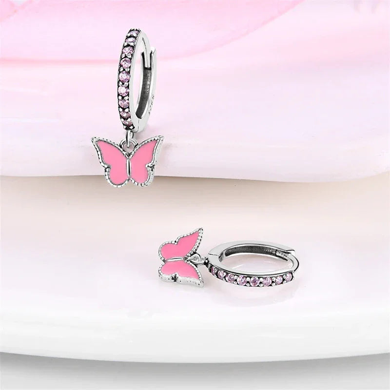 Charming Pink Butterfly Sterling Silver Hoop Earrings With Cubic Zirconia
