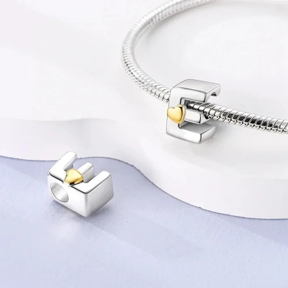 925 Sterling Silver Initial Charm with Gold Heart